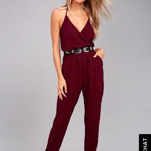 Lulus “Learning to Fly” Burgundy Jumpsuit